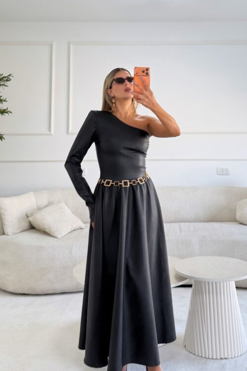 שמלת אלכסה דמוי עור שחור