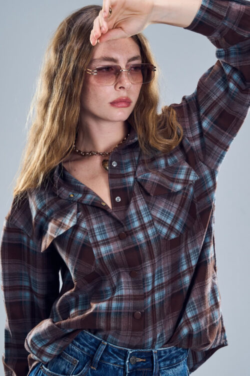 חולצת איזבל משובץ תכלת חום