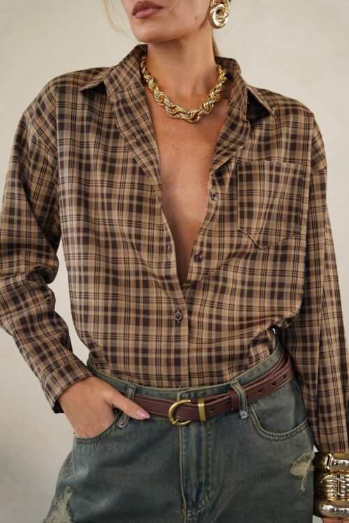 חולצת פיטר משובץ חום