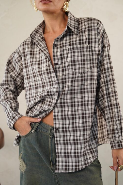 חולצת פיטר משובץ חום-לבן