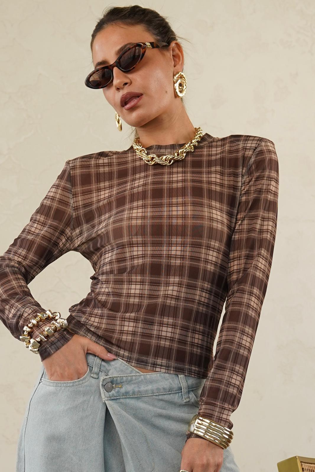 חולצת מון משובץ חום – תמונה 5